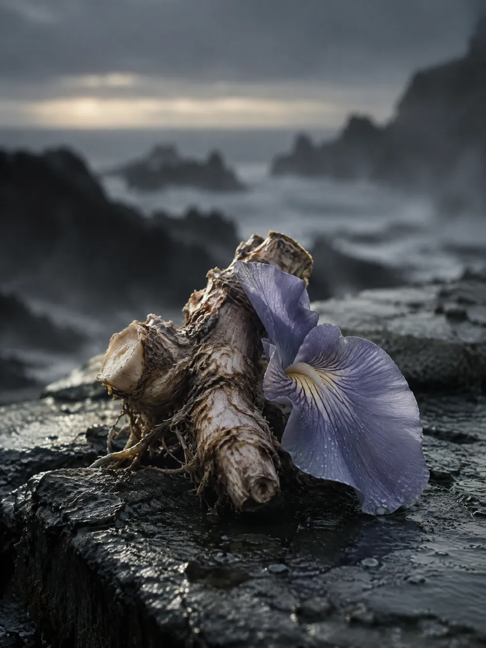 Dried orris root beside a single violet-grey iris petal on wet slate.